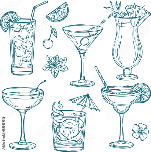 Collection of assorted outline cocktails and drinks with ice, fruit and garnishes on transparent background