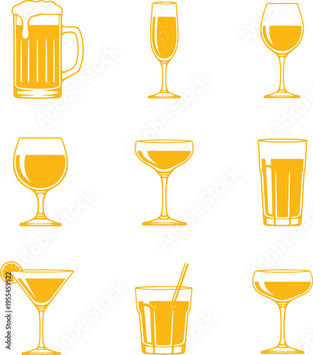 Collection of assorted yellow beverage glasses including beer mug champagne flute wine goblet cocktail glass