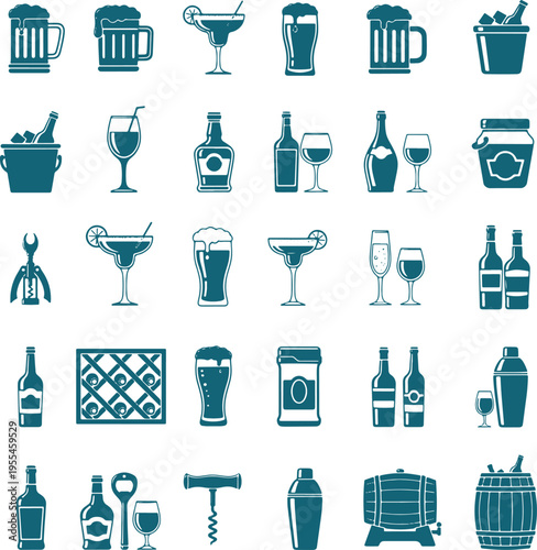 Collection of diverse beverage containers, bottles, wine glasses, beer mugs, ice bucket, corkscrew