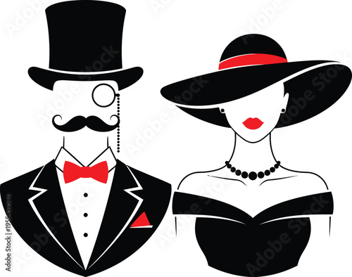 Elegant vintage couple in formal attire featuring gentleman with top hat monocle mustache and lady with wide brim hat and pearls