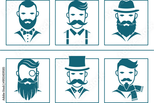 Hipster male character avatars with diverse beard styles mustaches and accessories like hats and monocle for profile symbols