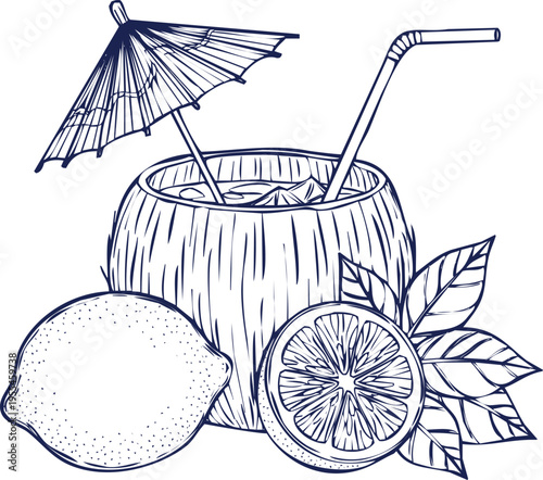 Tropical coconut cocktail with straw umbrella lemon and mint leaves in hand drawn sketch style isolated
