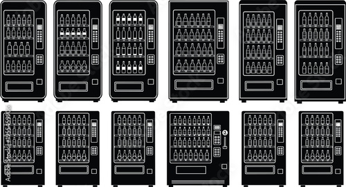 Black and white vector icons of automatic beverage vending machines with various bottle arrangements for commercial retail snacks and soft drinks refreshments concepts