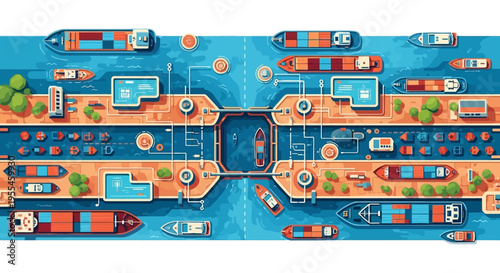 Aerial View of Busy Shipping Canal with Cargo Ships and Docks.