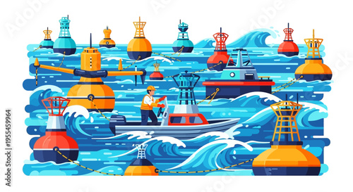 Maritime Navigation Buoys and Rescue Boat Illustration.