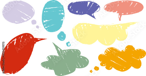 カラフルで手描き風の吹き出しと落書きフレームセット、ポップで親しみやすいコミュニケーションデザイン素材（会話・メッセージ・SNS向け）