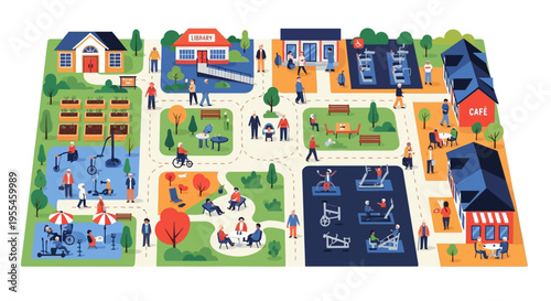 Illustration of a Vibrant Community Park and Neighborhood Scene.