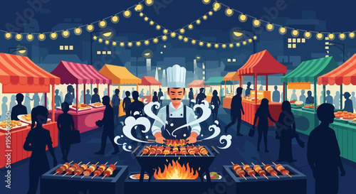 Chef grilling delicious food at outdoor night market.