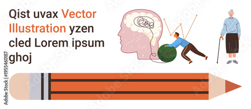 Mental health, aging, education, physical wellness, creativity, challenges. Brain, elderly figure pencil and man with green element. Mental health and aging concepts symbolically