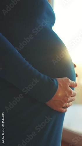 A pregnant woman gently holds her round belly while wearing a fitted dress. The woman stands near a window, showcasing the contours of her pregnancy in a soft light.