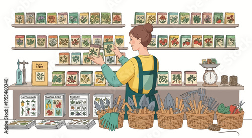 Woman selecting seeds in a garden store.