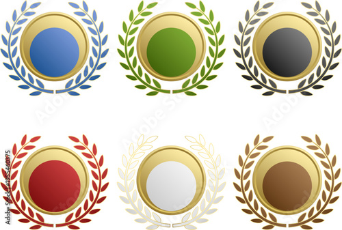 カラーバリエーション豊富な月桂樹付きゴールドメダルフレームセット｜表彰・ランキング・認証バッジに使える高級装飾デザイン素材