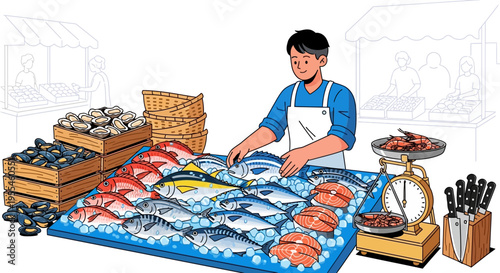 Fishmonger Selling Fresh Seafood at Market Stall.