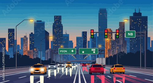city highway at dusk with cars and skyscrapers illustration