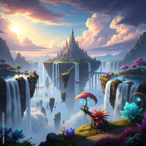 Fantasy floating islands with waterfalls and castle at sunrise, magical surreal landscape