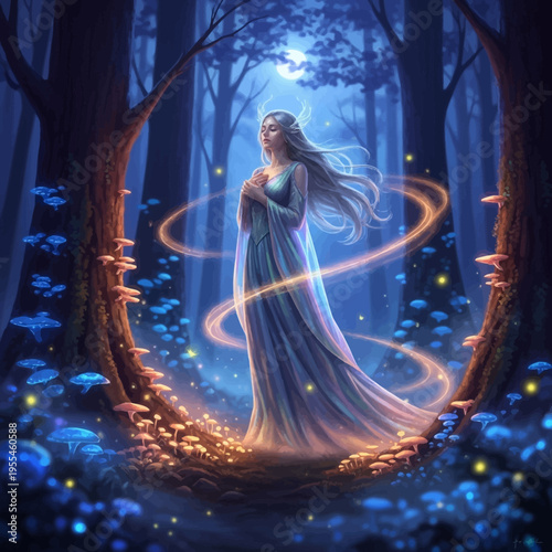 Mystical ethereal woman with glowing aura in enchanted moonlit forest