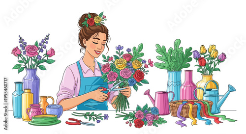 Young woman florist arranging a beautiful bouquet of flowers.