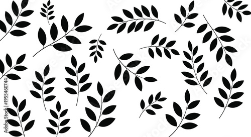 Minimal black leaf pattern background with scattered botanical branches, modern nature silhouette design, elegant organic foliage texture for wallpaper, textile, and surface design
