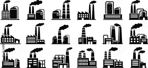 Large set of black factory building silhouettes and industrial plant icons including oil refinery power station and manufacturing warehouse isolated on white background vector