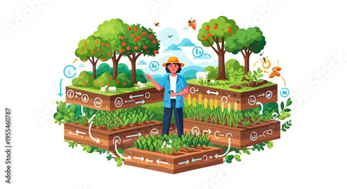 Sustainable farming practices illustrated with layered crops and trees.