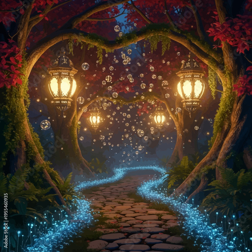 Enchanted forest pathway with glowing lanterns and magical fairy lights at dusk