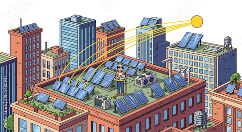Urban Rooftop Solar Panel Installation and Green Energy Generation.