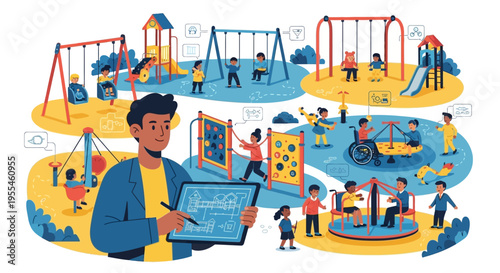 Man with tablet planning a playground design.