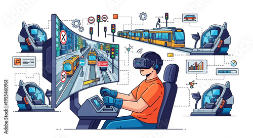 Man Immersed in Virtual Reality Driving Simulator.