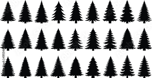 Set of pine tree silhouettes collection, black evergreen forest trees isolated on light background, conifer woodland nature icons for landscape design