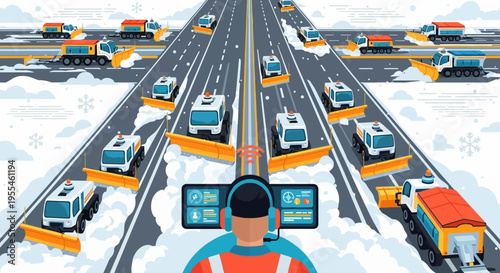 Snow Plow Fleet Management System Overseeing Winter Road Maintenance Operations.