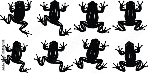 Tree frog silhouette collection in jumping and climbing poses amphibian wildlife vector illustration set isolated on white background