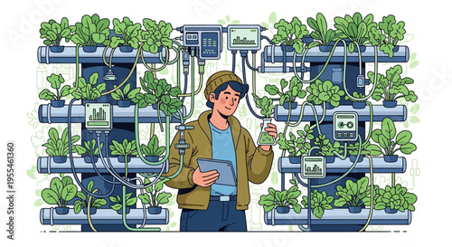 Young farmer tending to vertical hydroponic farm system.