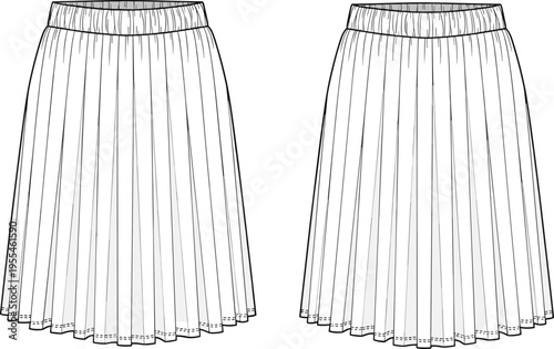 Women Pleated Midi Skirt Front and Back View Technical Fashion Template, High Waist Elegant Skirt Outline Mockup for Apparel Design