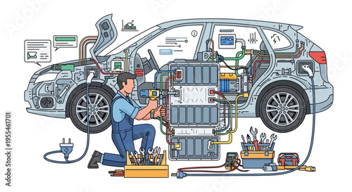 Electric Car Mechanic Repairing Advanced Battery System.