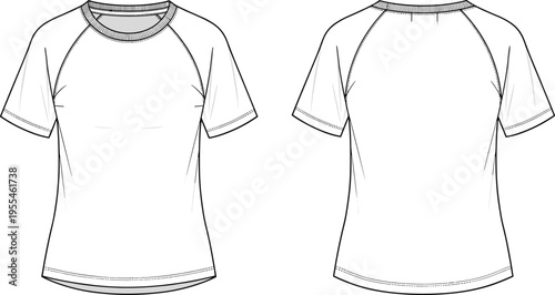 Women raglan sleeve t shirt technical fashion drawing front and back view, casual short sleeve tee template isolated vector illustration