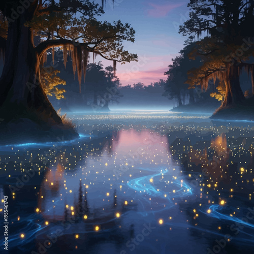 Mystical swamp forest at dusk with glowing fireflies and reflective water