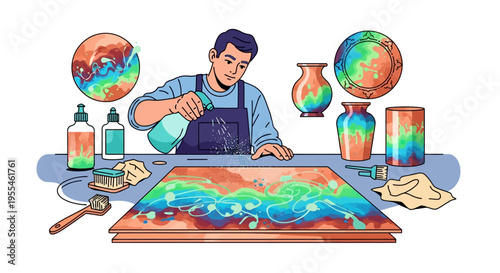 Artist creating vibrant abstract art with colorful paints.