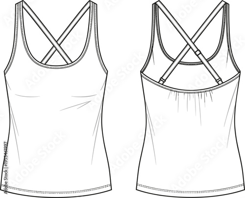 Women strappy tank top technical fashion drawing front and back view, athletic camisole template isolated vector clothing design illustration