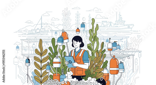 Woman in orange vest holding tablet surrounded by buoys.