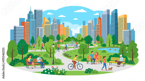 Vibrant City Park Scene with People Enjoying Outdoor Activities.