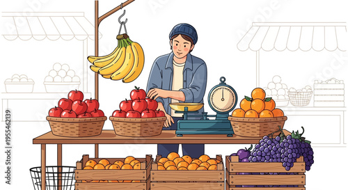 Man selling fresh fruits at a market stall.