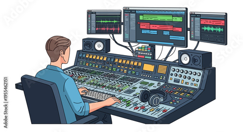 Man working in a professional audio recording studio.