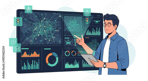 Man Interacting With Futuristic Data Visualization Screen.