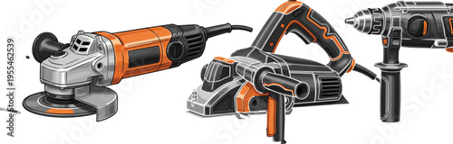 Professional Power Tools Vector Illustration Featuring an Angle Grinder Circular Saw and Electric Drill for Construction Woodworking Home Improvement and Industrial Repair Projects