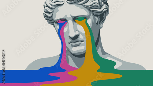 Vector stone sculpture with vibrant rainbow paint tears – Perfect for artistic covers, modern interior decor, or expressive design projects.