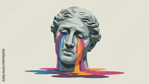 Minimalist vector statue crying colorful liquid paint – Ideal for emotional art prints, creative agency branding, or mental health awareness.