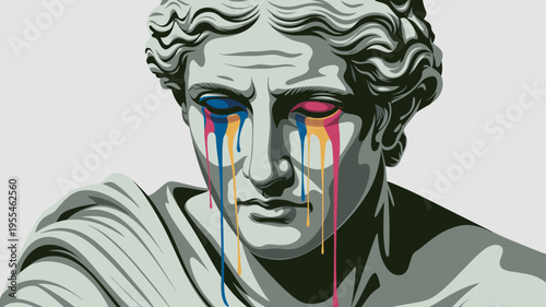 Sorrowful stone bust with flowing multicolored paint – Suitable for museum promotions, philosophical blogs, or artistic social media content.