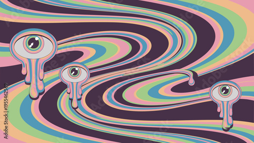 Vibrant kaleidoscope vortex with liquefying eyes – Perfect for digital art collections, club flyers, or surrealist creative projects.