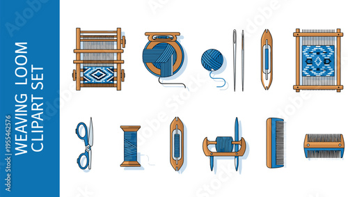 Professional weaving loom clipart set featuring wooden handloom frame yarn balls shuttles needles and scissors for textile craft hobby handmade fabric art and DIY projects.