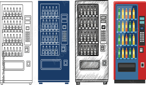 Set of beverage vending machine illustrations featuring line art blue blueprint hand drawn sketch and flat color design isolated on white background for retail.